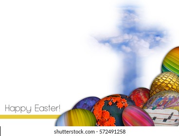 Happy Easter resurrection  background with a religious painted traditional Easter eggs and a cross of clouds, with copy space for text