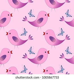  Happy Easter. Seamless  pattern with birds. Childish illustration in cartoon style. Pink a purple background.
