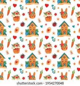 Happy Easter seamless pattern with watercolor Easters Rabbit, 
Hand drawn cute Easter bunnies, carrot ,painted eggs, Easter cakes, house, bug, flowers, heart, star
