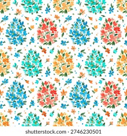 Happy Easter seamless pattern. Watercolor Easter eggs decorated with colorful spring flowers and leaves. For festive decor, textile, fabric