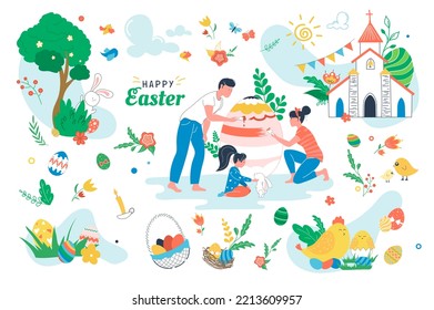 Happy Easter Set Isolated Elements. People Painting On Paschal Egg. Holiday Symbols Bundle - Egg Baskets, Church, Candles, Chicken, Rabbit, Spring Flowers. Illustration In Flat Cartoon Design