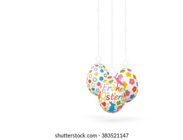 Happy Easter - Three Hanging Colorful Easter Eggs on White Background. Isolated on White Backdrop. Greeting Card, Postcard Illustration Template. In German Language. - Shutterstock ID 383521147