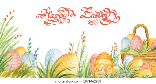 Happy Easter. Watercolor illustration of  Easter eggs, basket, flowers and green grass. Horizontal colorful Easter illustration isolated on white background. For postcards, design. Easter concept.  - Powered by Shutterstock