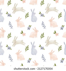 Happy Easter Watercolor Print. Cute Hand Drawn Spring Seamless Pattern With Eggs, Flowers, Leaves And Bunny
