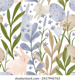 Happy Easter watercolor print. Cute hand drawn Spring seamless pattern with eggs, flowers, leaves and bunny - Powered by Shutterstock