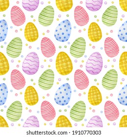 Happy Easter Watercolor Seamless Pattern. Easter Eggs On A White Background.