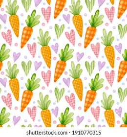 Happy Easter Watercolor Seamless Pattern. Carrots, Hearts On A White Background.