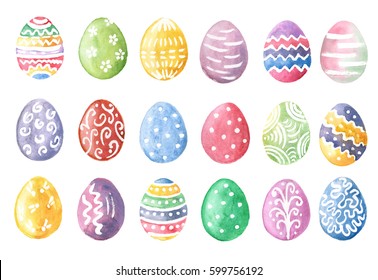 Happy Easter. Watercolor set of hand drawn colored Easter eggs isolated on white background. For greetings card design.