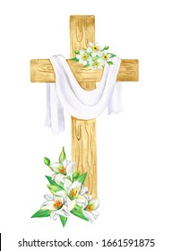 Happy Easter. Watercolor Wooden Cross, Religion, Cross With A Floral Bouquet, Lilies