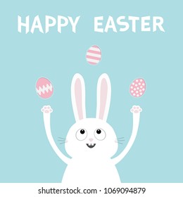 White Bunny Rabbit Head Face Looking Up Juggles Painting Egg Hand With