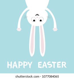 Happy Easter. White Bunny Rabbit. Funny Head Face Silhouette Hanging Upside Down. Eyes, Teeth, Hands Paw Print. Cute Cartoon Character Baby Collection. Flat Design Blue Background. 