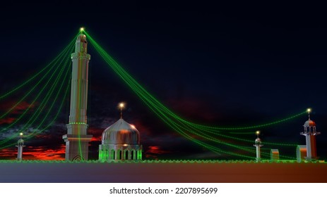 Happy Eid Milad Un Nabi. Masjid 3d Model Of Celebrating 12 Rabi Ul Awwal. Birth Of Hazrat Muhammad Mustafa SAW 3D Rendering 3d Illustration