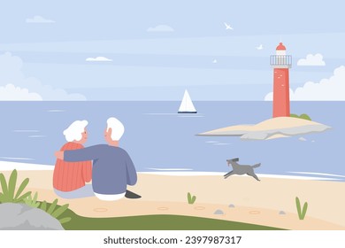 Happy elderly couple sitting on sea beach with lighthouse and hugging. Retiree people on romantic summer vacation, senior woman and man relax flat illustration. Family, trip, romance concept - Powered by Shutterstock