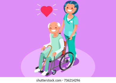 Happy elderly patient in wheelchair at retirement community 3D flat isometric people medical illustration