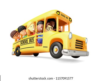 Happy elementary school kids on a cartoon yellow bus. 3D illustration.