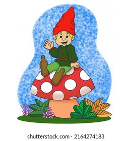 Happy Elf Sitting On Mushroom