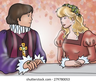 Happy Ending: The Prince Is Marrying A Princess. Digital Illustration For Grimm's Fairy Tale Rumpelstiltskin.