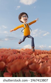 Happy And Excited School Boy Dancing On A Flower Field. Concept Of Summer Semester. 3D Rendering.