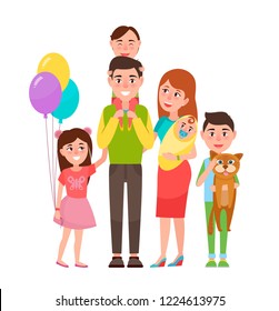 Happy Extended Family Icon Isolated On White Background.  Illustration With Parents With Baby, Daughter With Balloons And Two Brothers