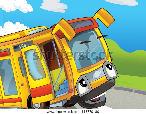 The happy face bus - tourist - driving\
through the city - illustration for the\
children
