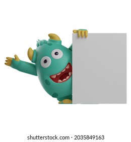 Happy Face Cute Monster 3D Cartoon Design Standing Behind A White Paper