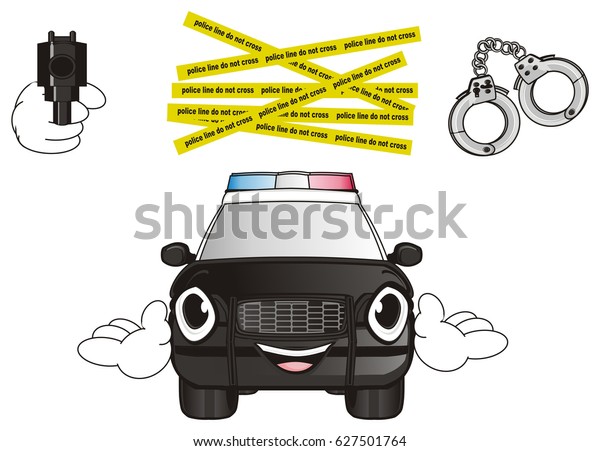 happy face of police car with three different\
police\'s stuffs