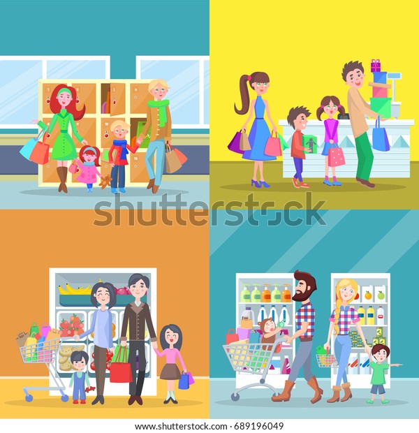 Happy families have shopping in big supermarket web
banner. Different departments of store entrance, grocery and dairy
product near cash register illustration. People buying necessary
goods