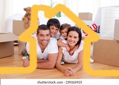 Happy family after buying new house against house outline - Powered by Shutterstock