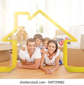 Happy family after buying new house against house outline - Powered by Shutterstock