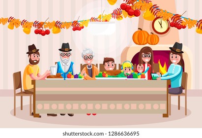 Happy family with all generations gathering at table and celebrating Thanksgiving day in cartoon style - Powered by Shutterstock