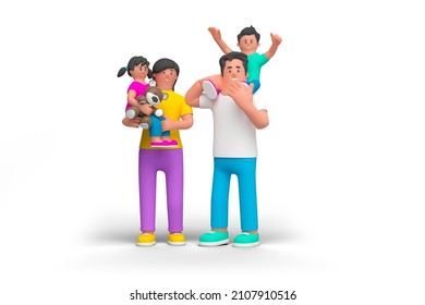 Happy Family with Baby People Standing Holding Hands isolated on white background 3D rendering illustration. Mother Father Daughter Son with Toys characters. - Powered by Shutterstock