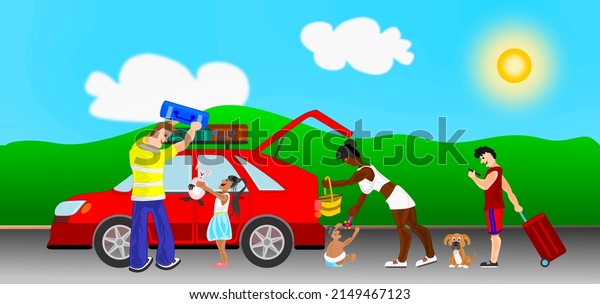 Happy family carrying the car with luggage to go on\
holiday to a tourist\
spot
