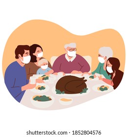 Happy Family Celebrates A Thanksgiving Day. Isolation During Coronavirus.  Turkey Is On The Table. People Give Thanks To God. Family Wearing Medical Masks. Covid Protection And Isolation.