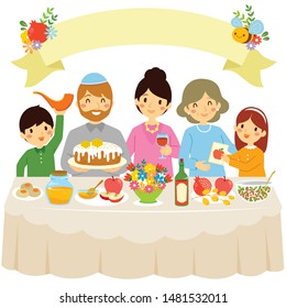 Happy Family Celebrating Rosh Hashanah Or The Jewish New Year In A Traditional Dinner With The Holiday Symbols.