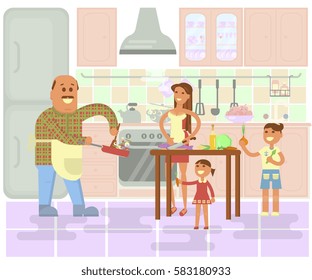 Happy family is cooking, concept. Father with frying pan in hand, Mother and kids making dinner. Boy and girl help adults to cook healthy food on kitchen interior background. Rastered copy - Powered by Shutterstock