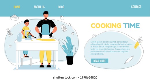 Happy family cooking time. Excited son father kneading dough. Household, domestic chores. Pastime on home kitchen together. Baking pancake, pie or cake for mother. Landing page layout template - Powered by Shutterstock