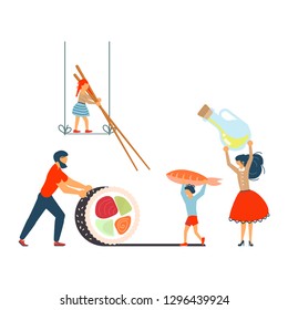 Happy family cooking together a sushi concept. Poster, banner template for cooking master class in flat. Dad, mom, daughter, son enjoys of cookery. Rastered copy