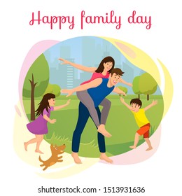 Happy Family Day Cartoon Banner. Joyful Children Running Barefoot on Lawn with Dog, Playing with Parents in City Park, Father Piggyback Riding Mother Illustration Isolated on White Background - Powered by Shutterstock