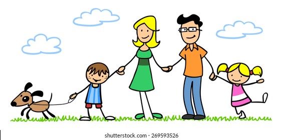 Happy family with dog and two children in a garden in summer - Powered by Shutterstock