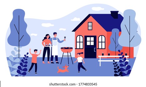 Happy Family Doing Barbecue At Garden Flat Illustration. Mother And Father Cooking Outdoor Near House. Kids Playing With Dog At Backyard. BBQ Party And Weekend Concept