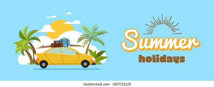 Happy Family Driving In Car On Weekend Holiday, Summer Holidays, Planning Summer Vacations, Travel By Car, Summer Holiday, Tourism And Vacation Theme. Flat Design Illustration.