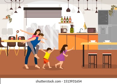 Happy Family Enjoying New Home Cartoon Concept With Cheerful Young Parents And Children Running And Fooling Around In Spacious Living Room Or Modern Kitchen In Their New House Illustration