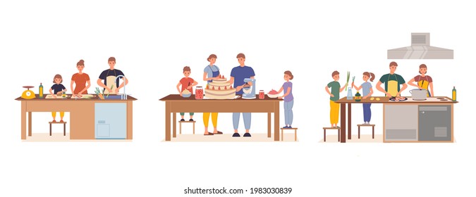 Happy family having children cooking together set. Father, mother, son, daughter preparing vegetables salad, beef steak, soup, glazed cake. Parent children recreation. Daily life, home routine. - Powered by Shutterstock