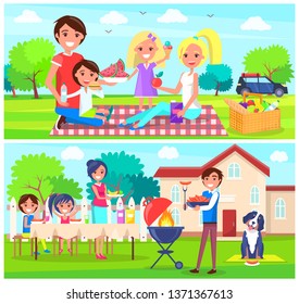 Happy family having picnic together in green forest. mother son and daughter sitting at table near house father making bbq grilled sausages raster - Powered by Shutterstock