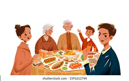  the happy family is having a meal，Eating with relativesSpring Festival,Illustration - Powered by Shutterstock