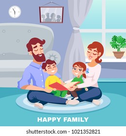 Happy Family In Home Interior Cartoon Poster With Mother Father Son And Daughter Reading Book Together  Flat  Illustration  