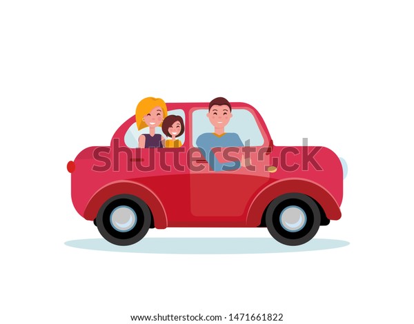 Happy\
family inside their new red car. Man driver at the wheel of car.\
Mom and daughter sitting in back seat. Side view of family car. Dad\
showing thumb up gesture. flat cartoon\
illustration