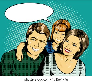 Happy Family With Kid. Illustration In Retro Comic Pop Art Style. Concept Of Family.