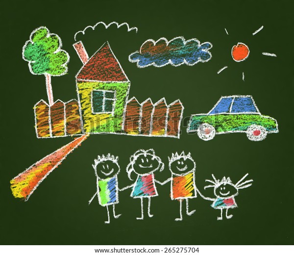 Happy family. Kids\
drawings. Blackboard\
