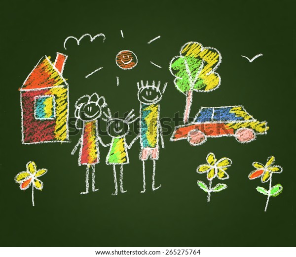 Happy family. Kids\
drawings.\
Blackboard\
